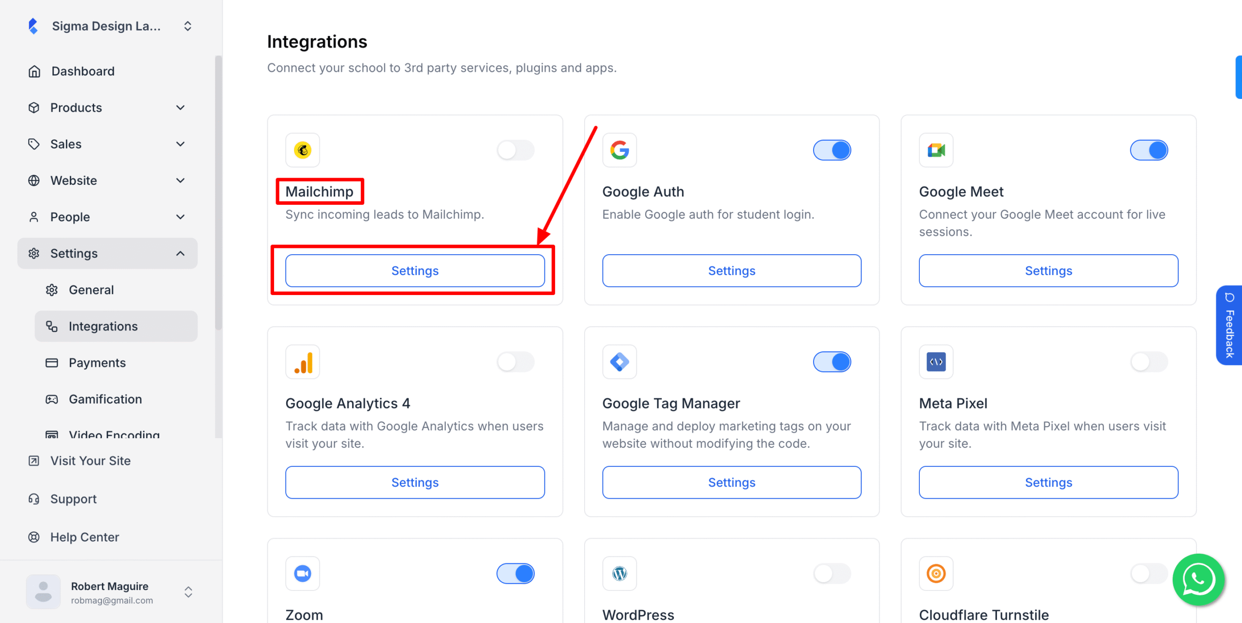 This image is a screenshot of Klasio integrations tab under settings menu with the Mailchimp widget in highlight.