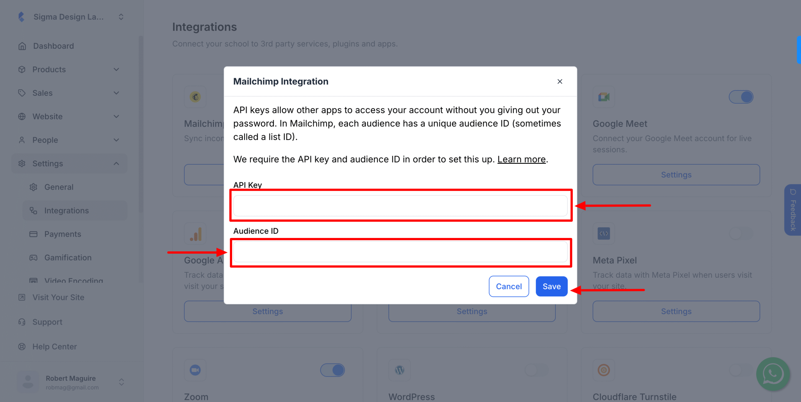This image is a screenshot of Klasio Mailchimp integration modal pop up with the option to insert API key and Audeince ID in highlight.