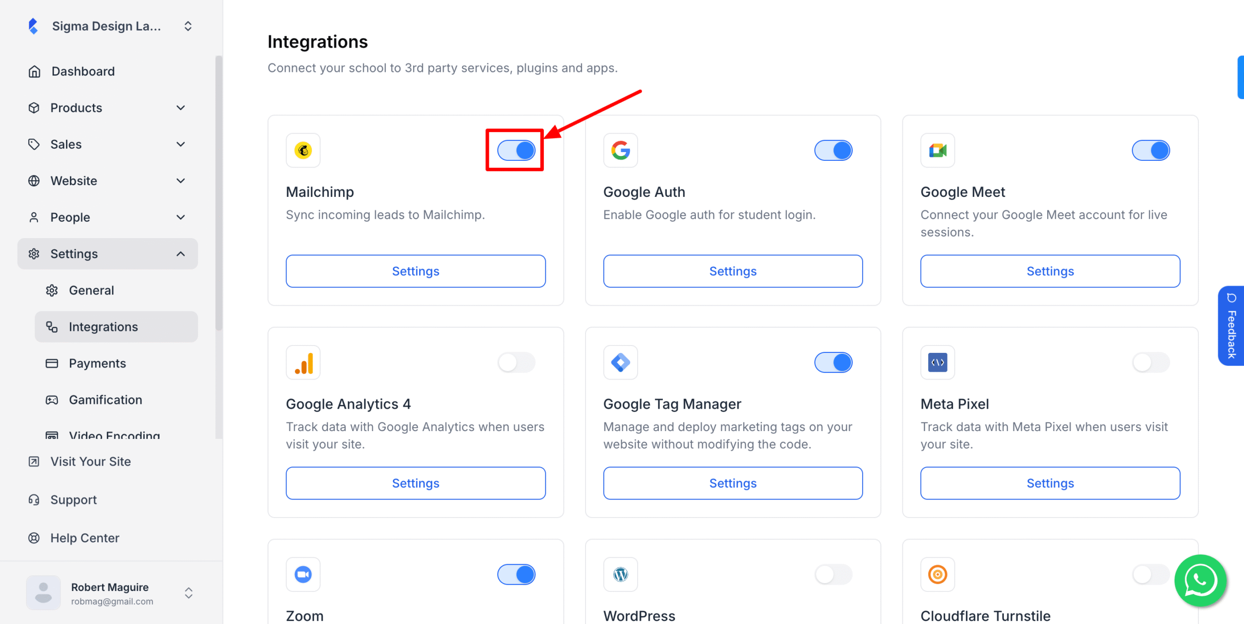 This image is a screenshot of Klasio Mailchimp widget with the toggle button in highlight.