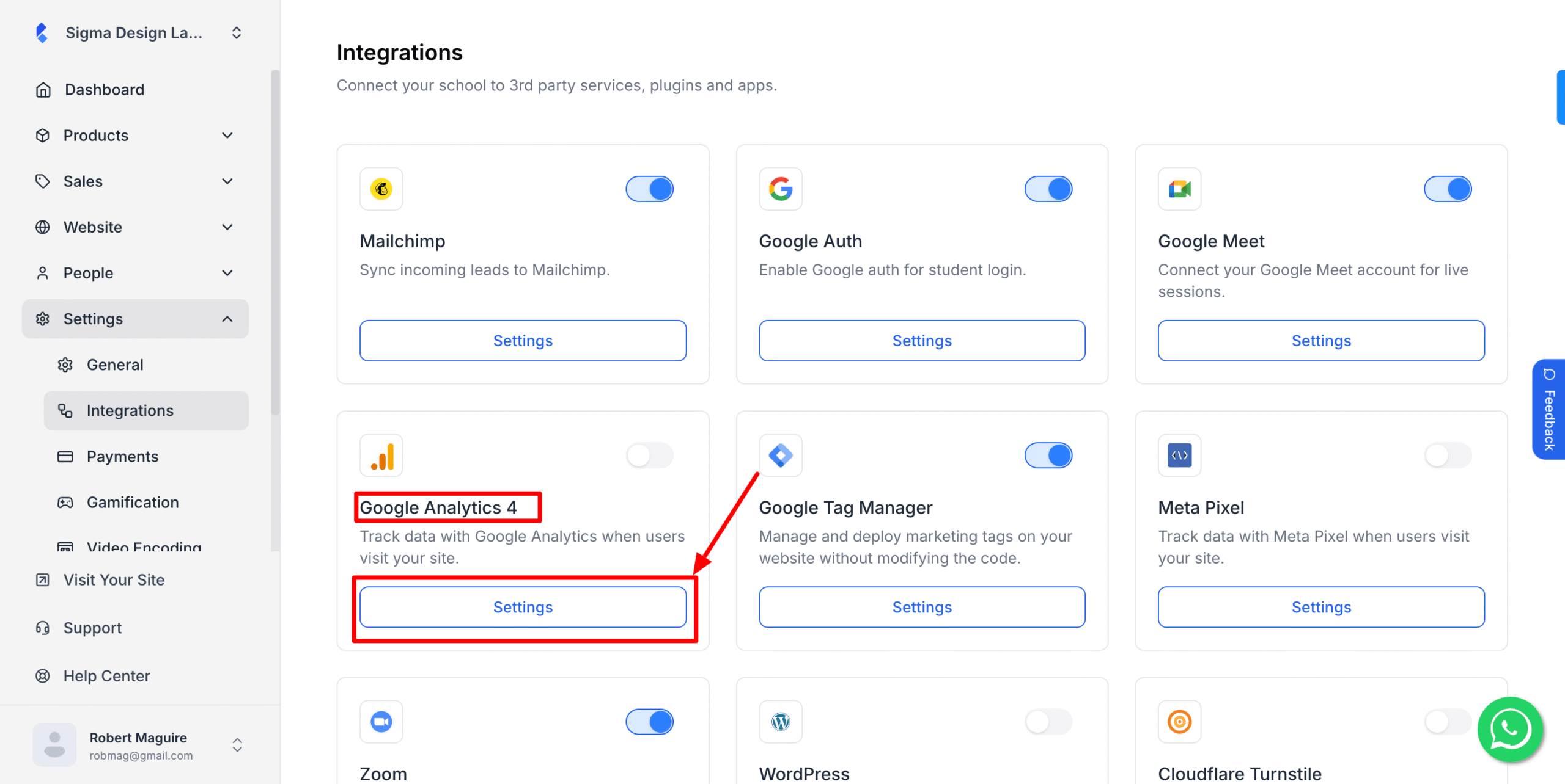 This image is a screenshot of Klasio integrations tab under settings menu with the Google Analytics 4 widget in highlight.