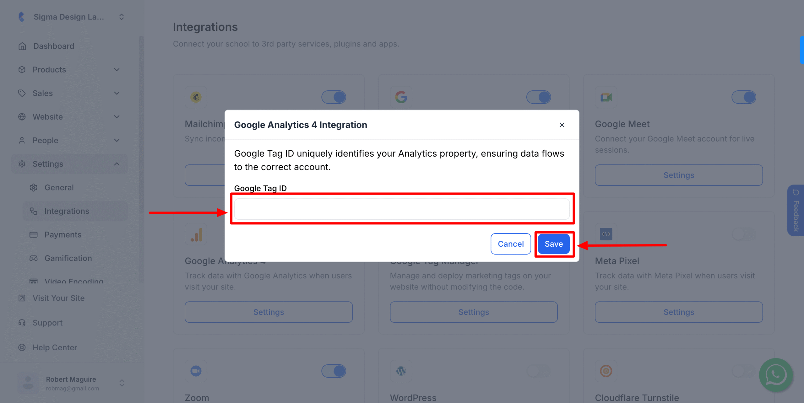 This image is a screenshot of Klasio Google Analytics 4 Modal pop up with the option to insert Google Tag ID in highlight.