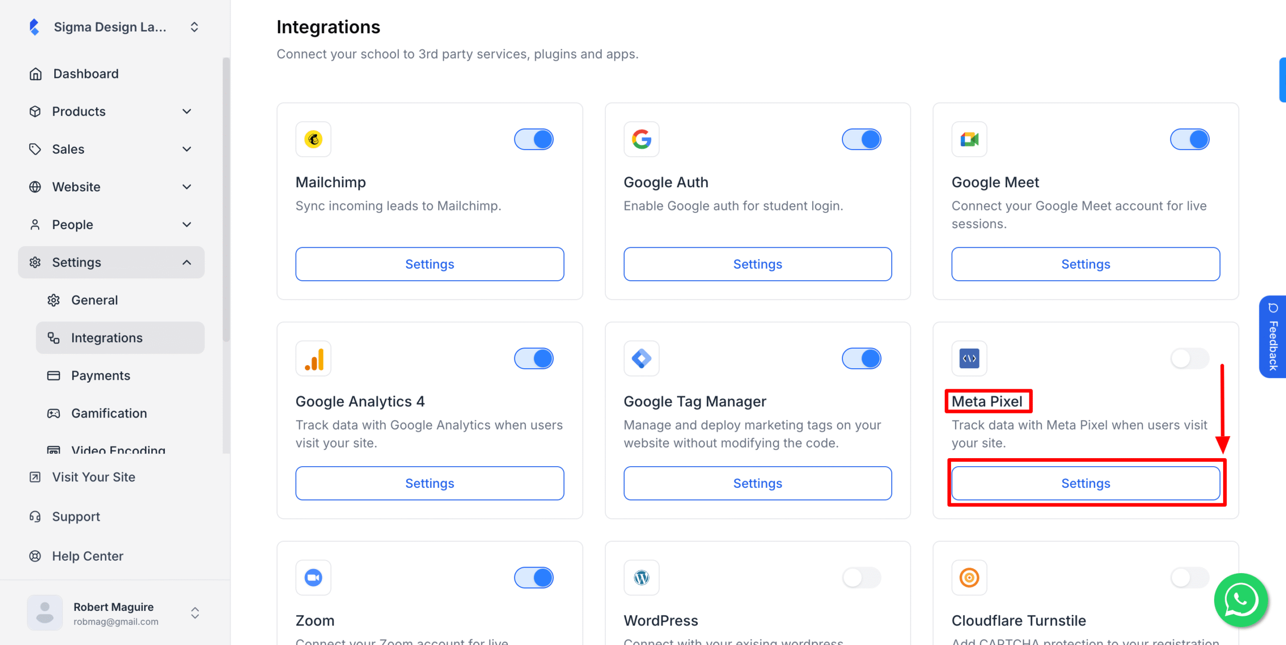 This image is a screenshot of Klasio integrations tab under settings menu with the Meta Pixel widget in highlight.