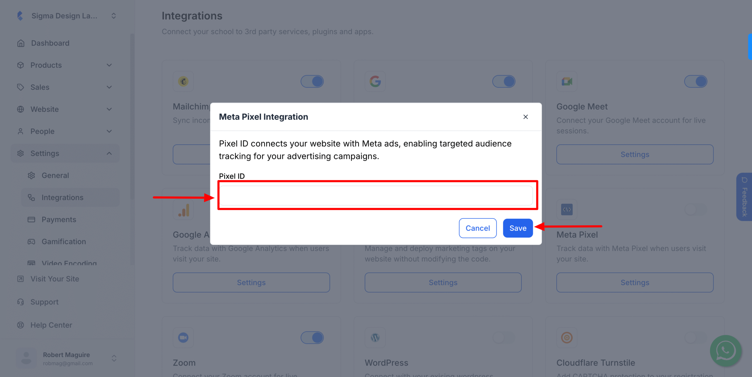 This image is a screenshot of Klasio Google Analytics 4 Modal pop up with the option to insert Meta Pixel ID in highlight.