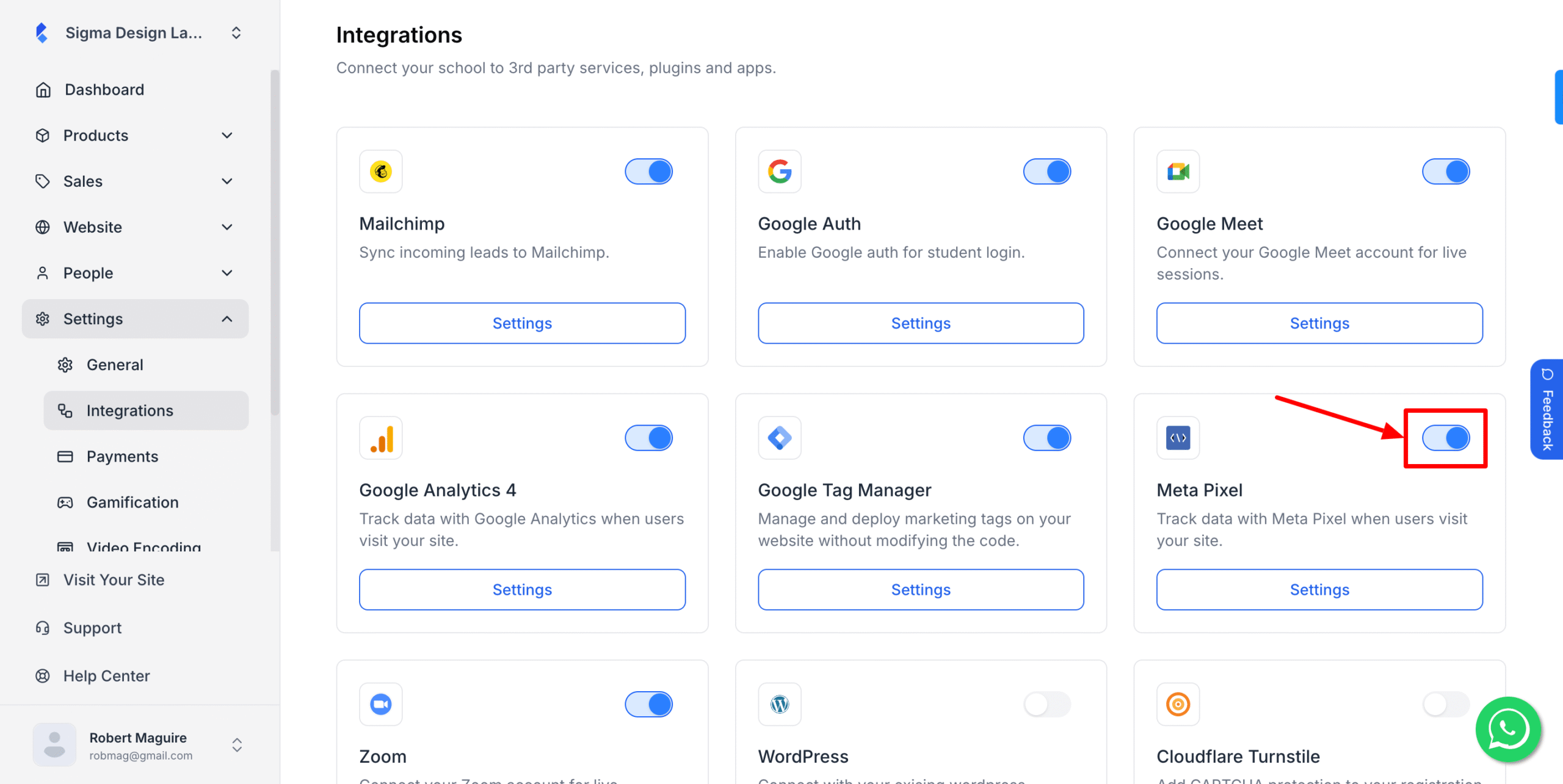 This image is a screenshot of Klasio Meta pixel widget with the toggle button in highlight.