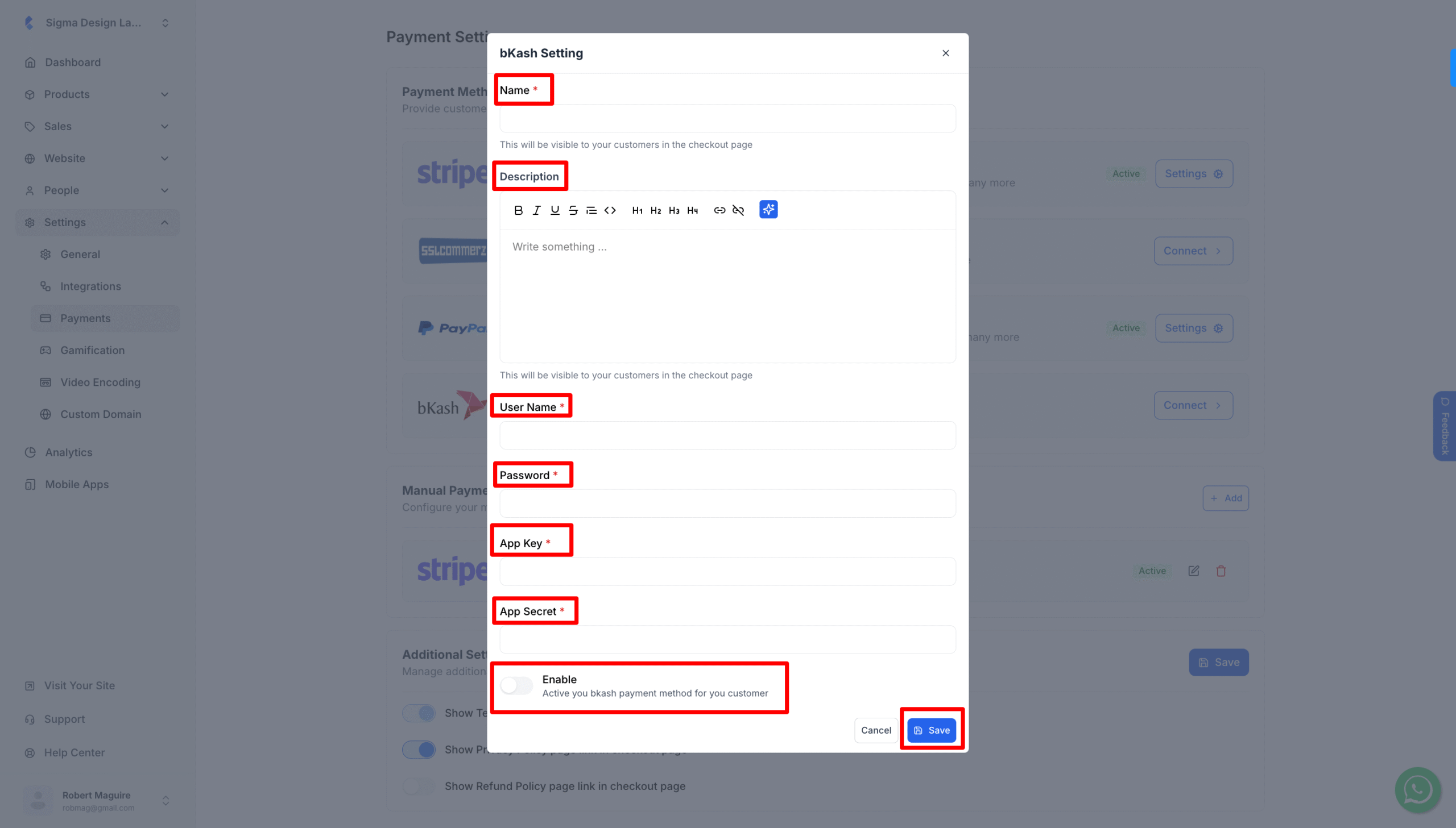 This image is a screenshot of Klasio bKash setup pop up with the option to enable bKash payment in highlight.