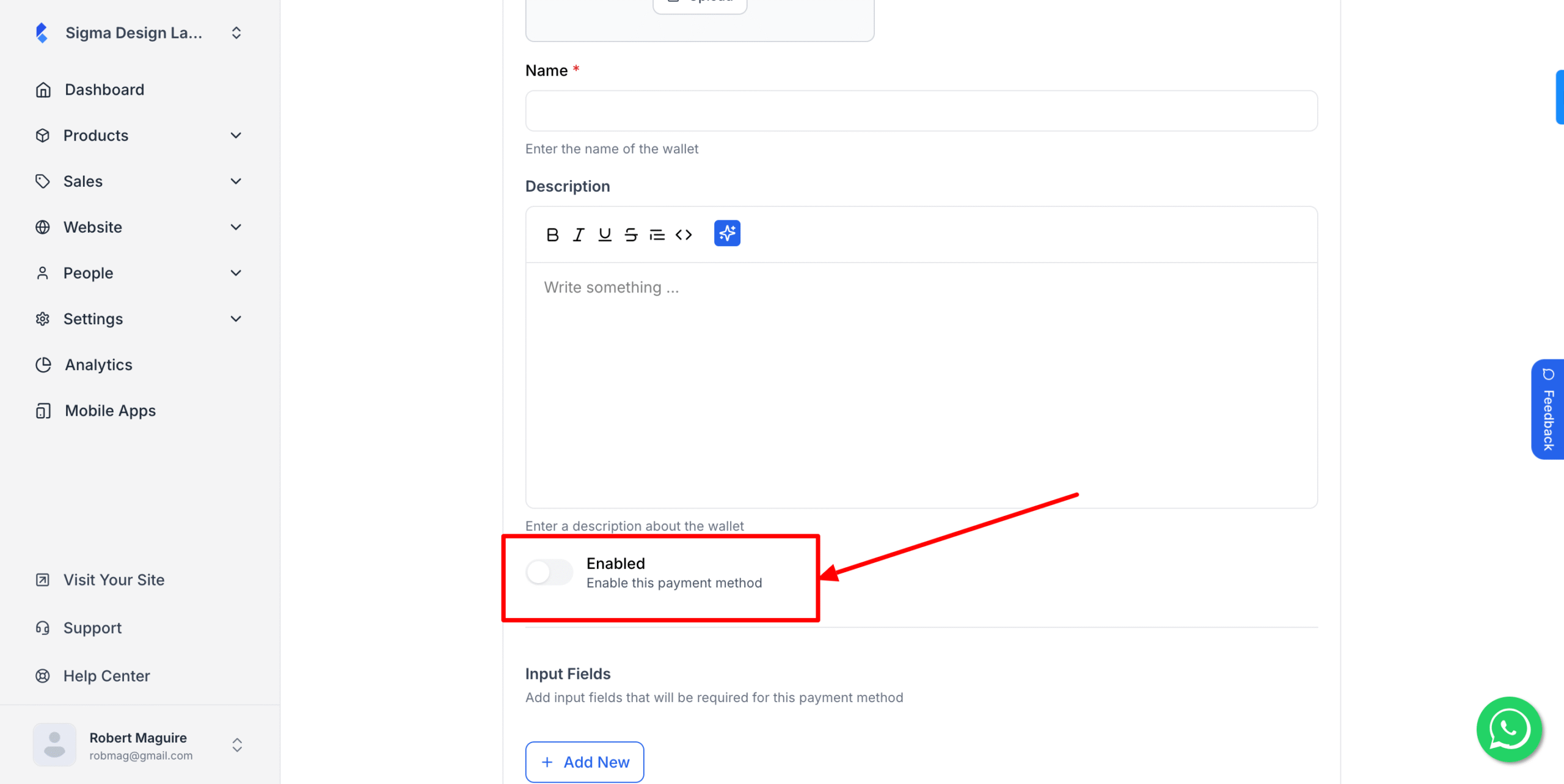 This image is a screenshot of Klasio Custom Payment Setup window with the option to enable payment method in highlight