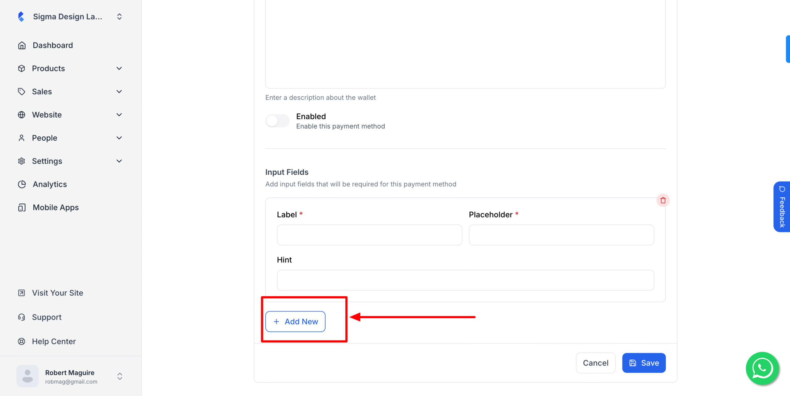 This image is a screenshot of Klasio Custom Payment Setup window with the option to enable additional input fields in highlight