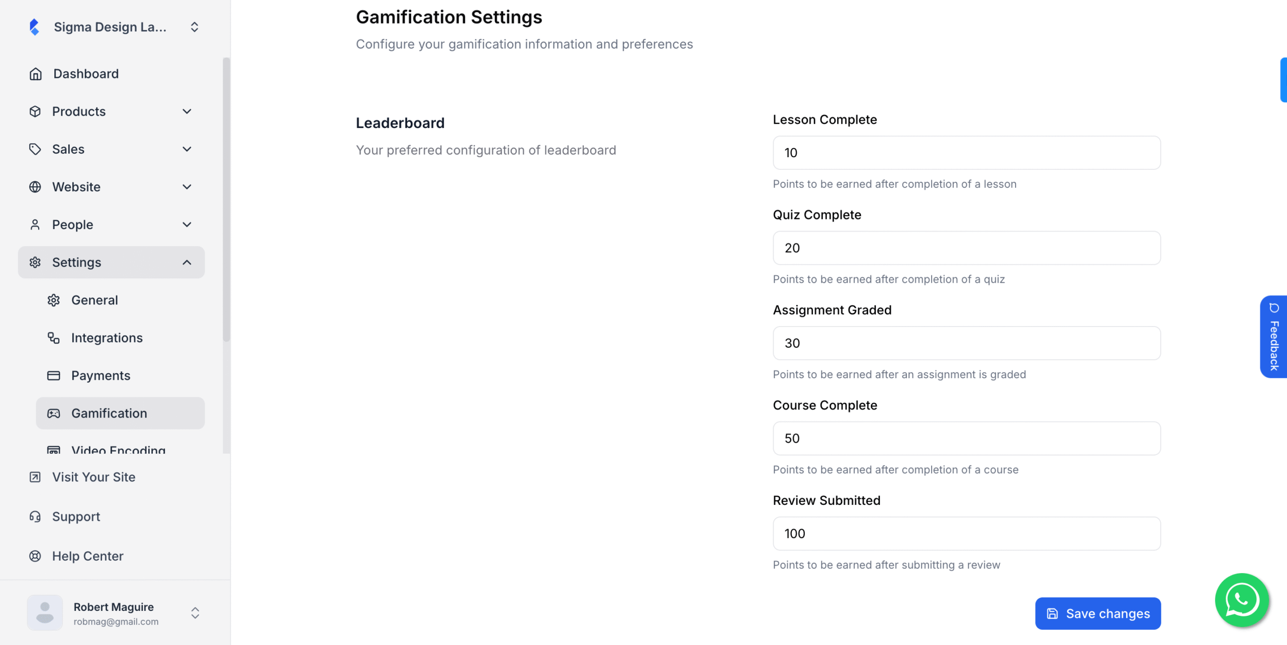 This image is a screenshot of Klasio gamification settings with the leaderboard points system in view.