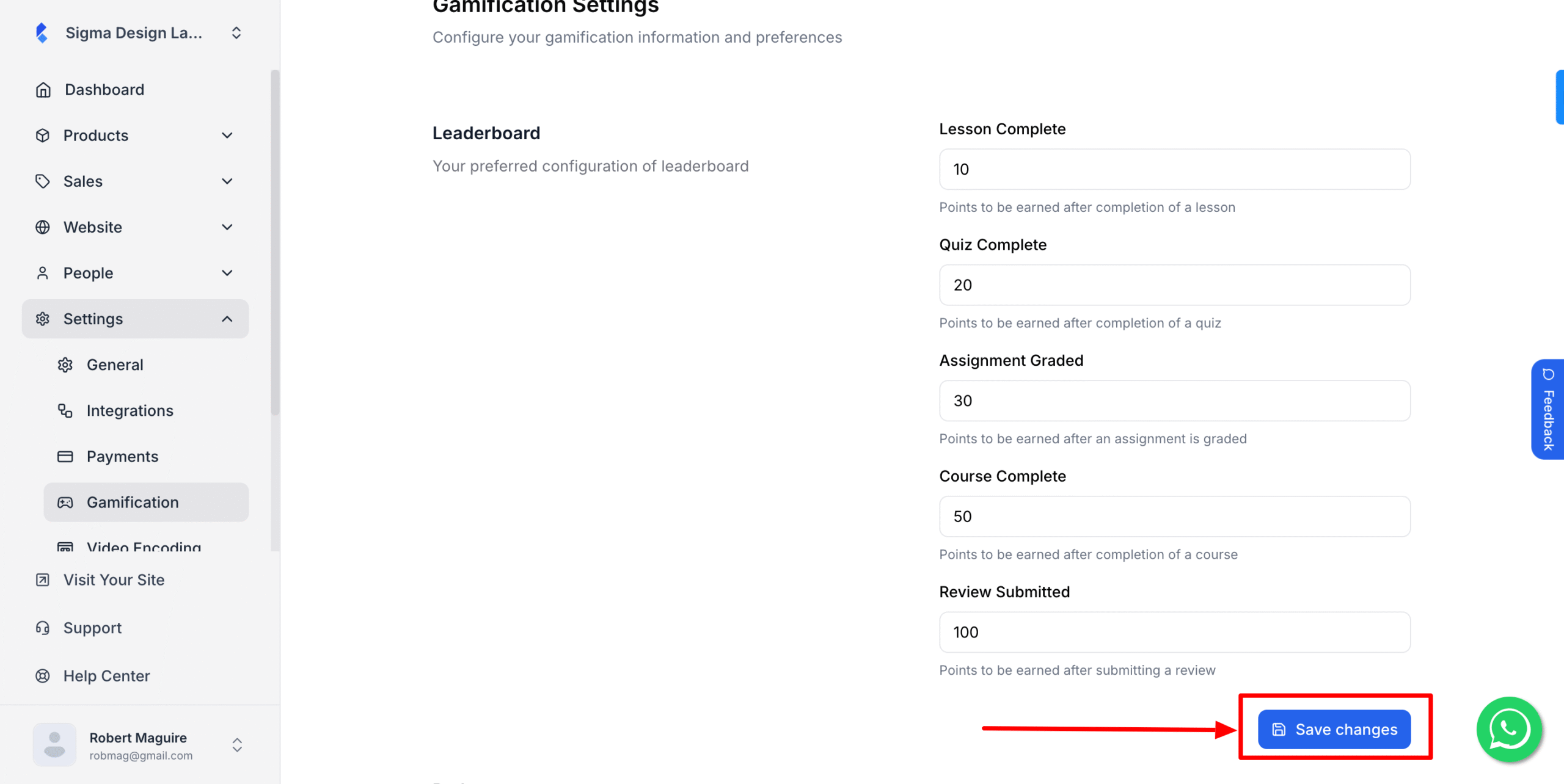 This image is a screenshot of Klasio gamification settings with the 'Save Changes' button in highlight.