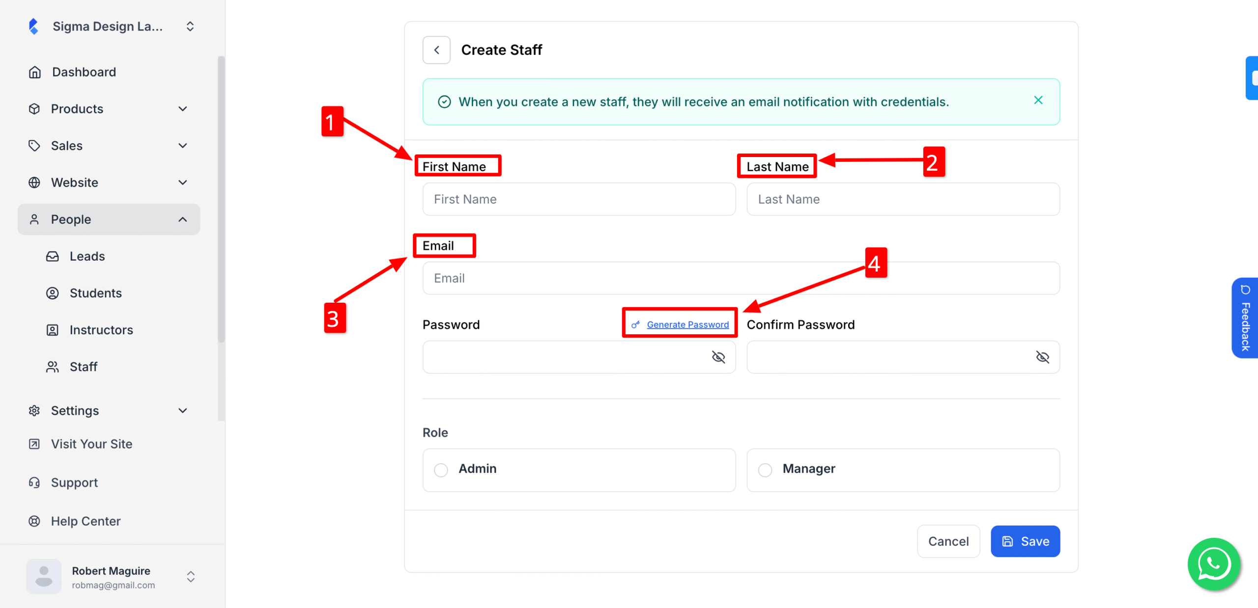 This image is a screenshot of Klasio New Staff profile creation pop up with the option to insert Staff first name and last name in highlight.