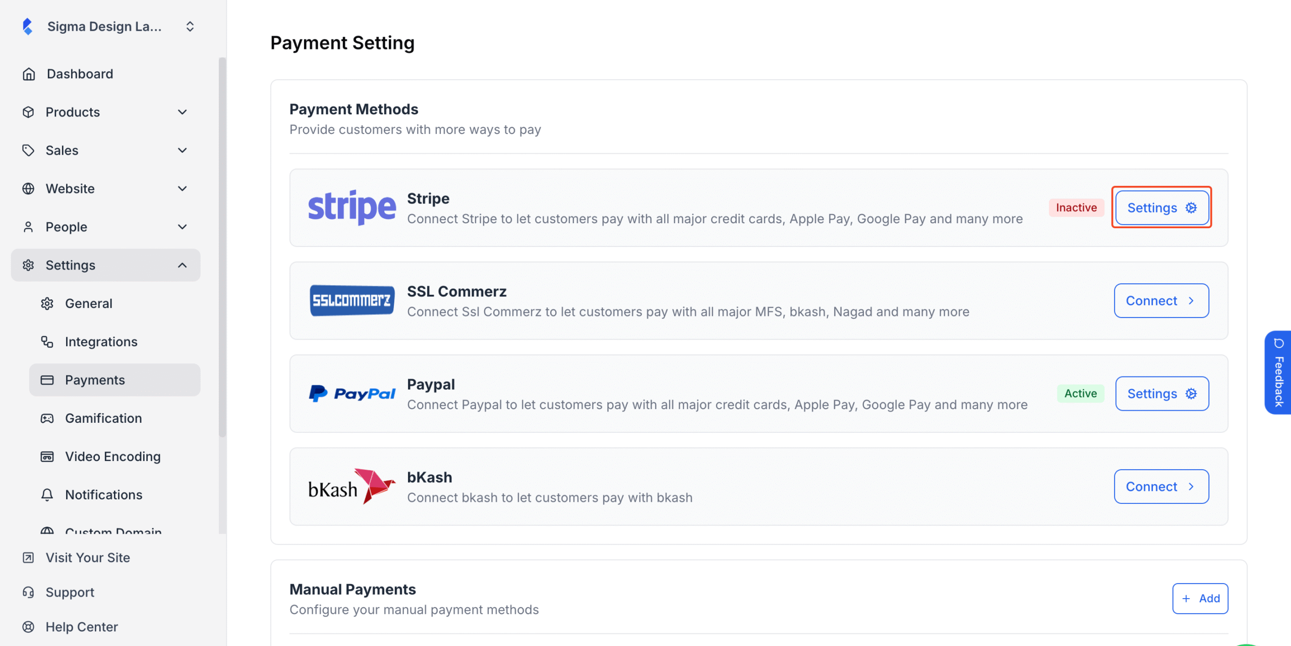 This image is a screenshot of Klasio Payments integrations window under Settings menu with the Settings button on the Stripe widget highlighted.