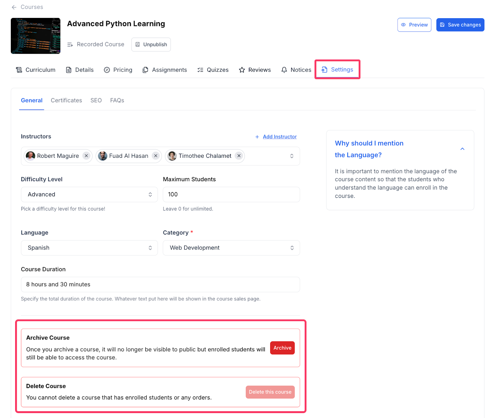 Course archive and deletion