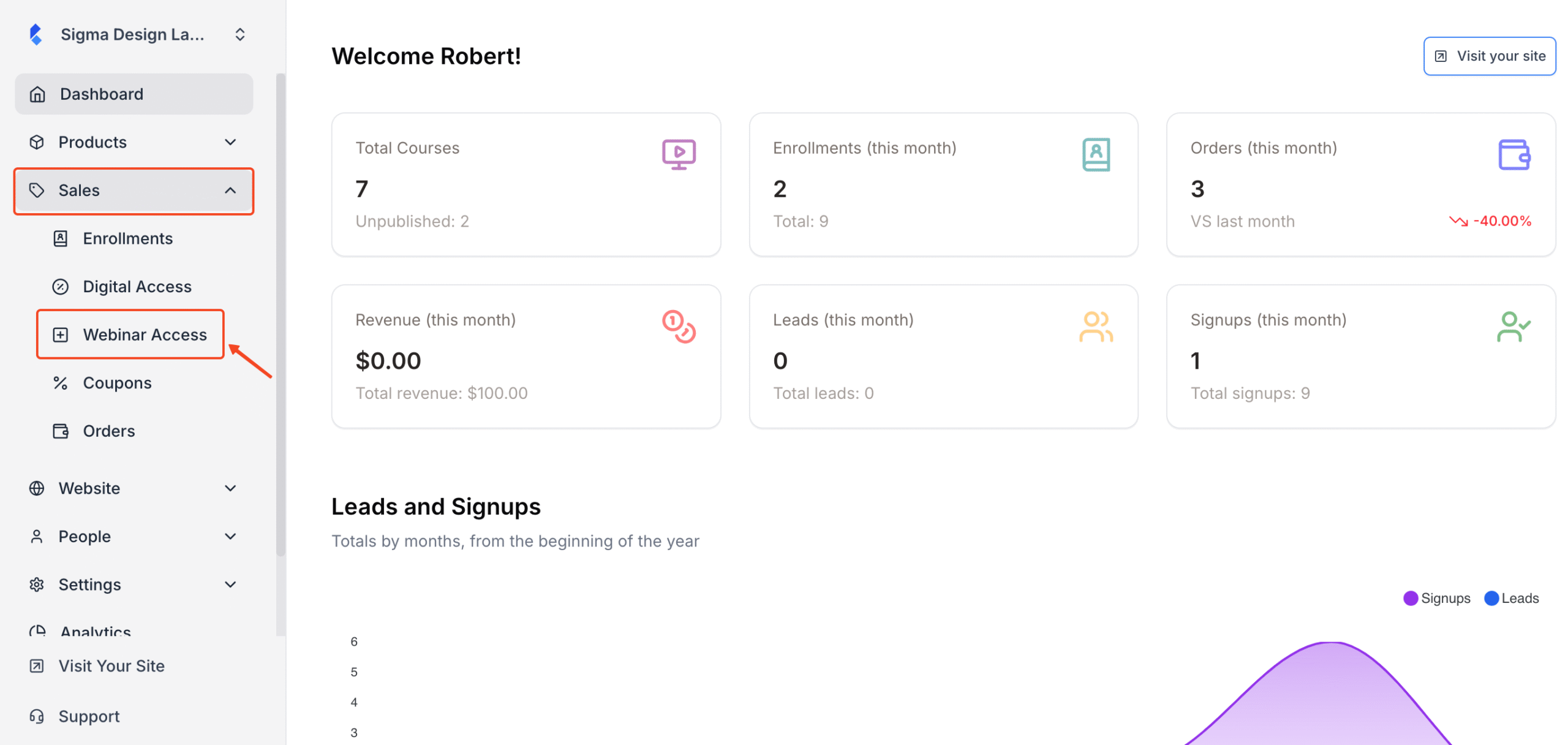 This image is a screenshot of Klasio admin dashboard with the Webinar Access tab under Sales in highlight.