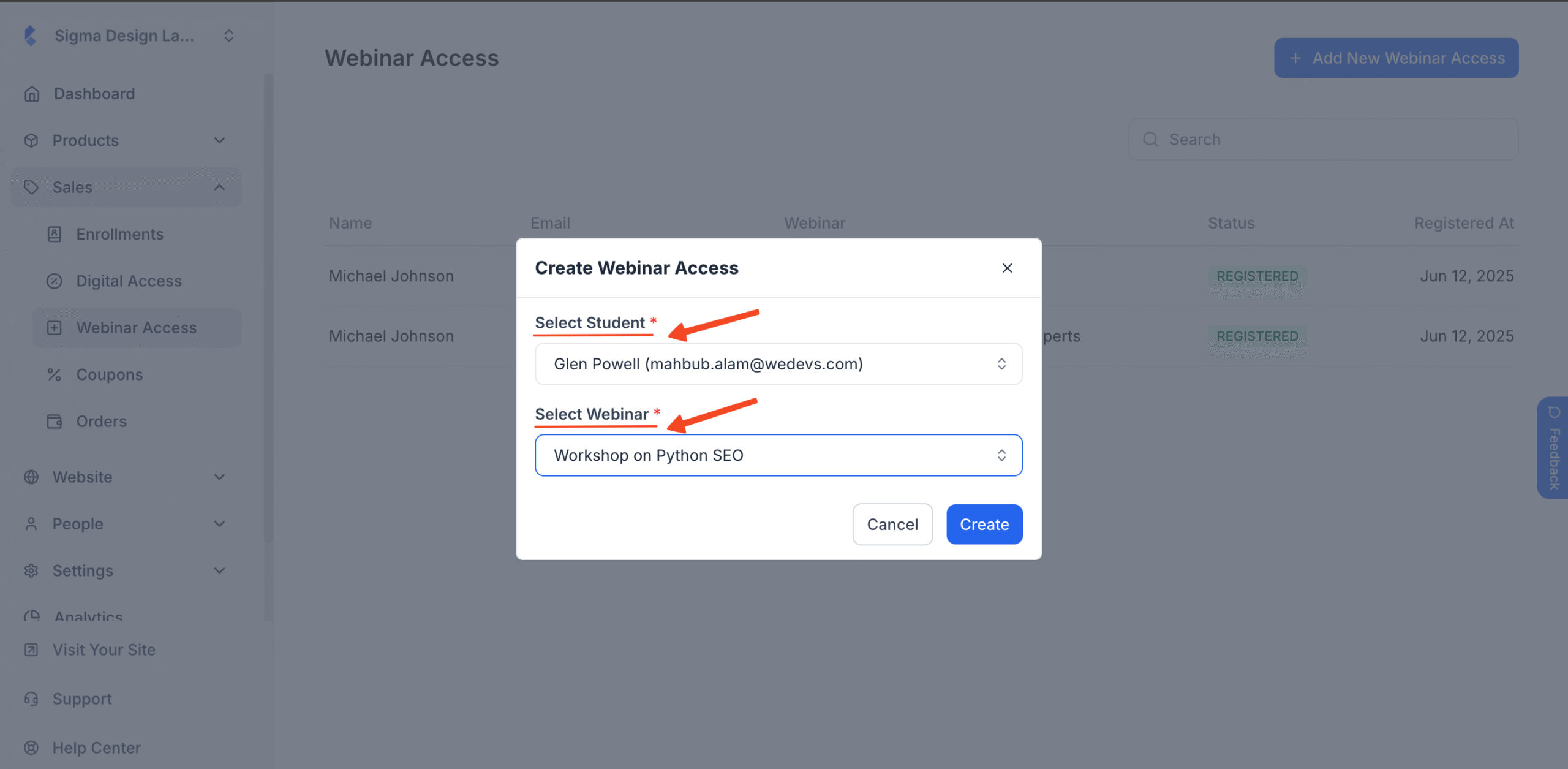 This image is a screenshot of Klasio Webinar Access settings pop up with specific student and specific webinar selected in highlight.
