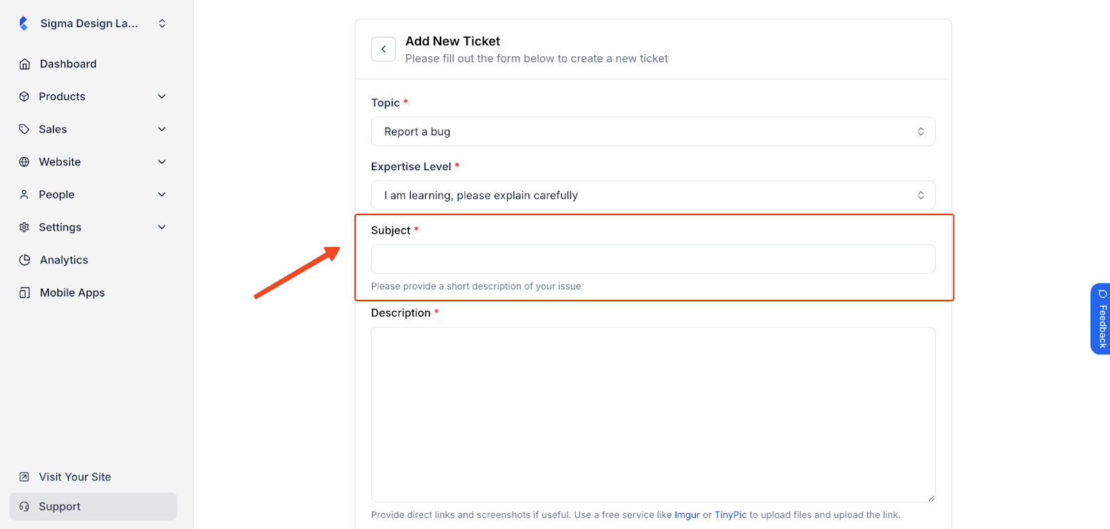 Klasio support ticket creation window with issue subject insertion form in highlight.