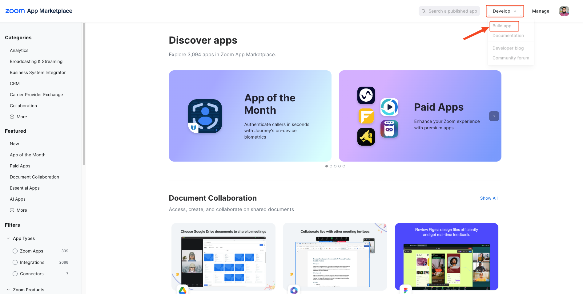 This image is a screenshot of Zoom App marketplace with the Build App button under develop in highlight.