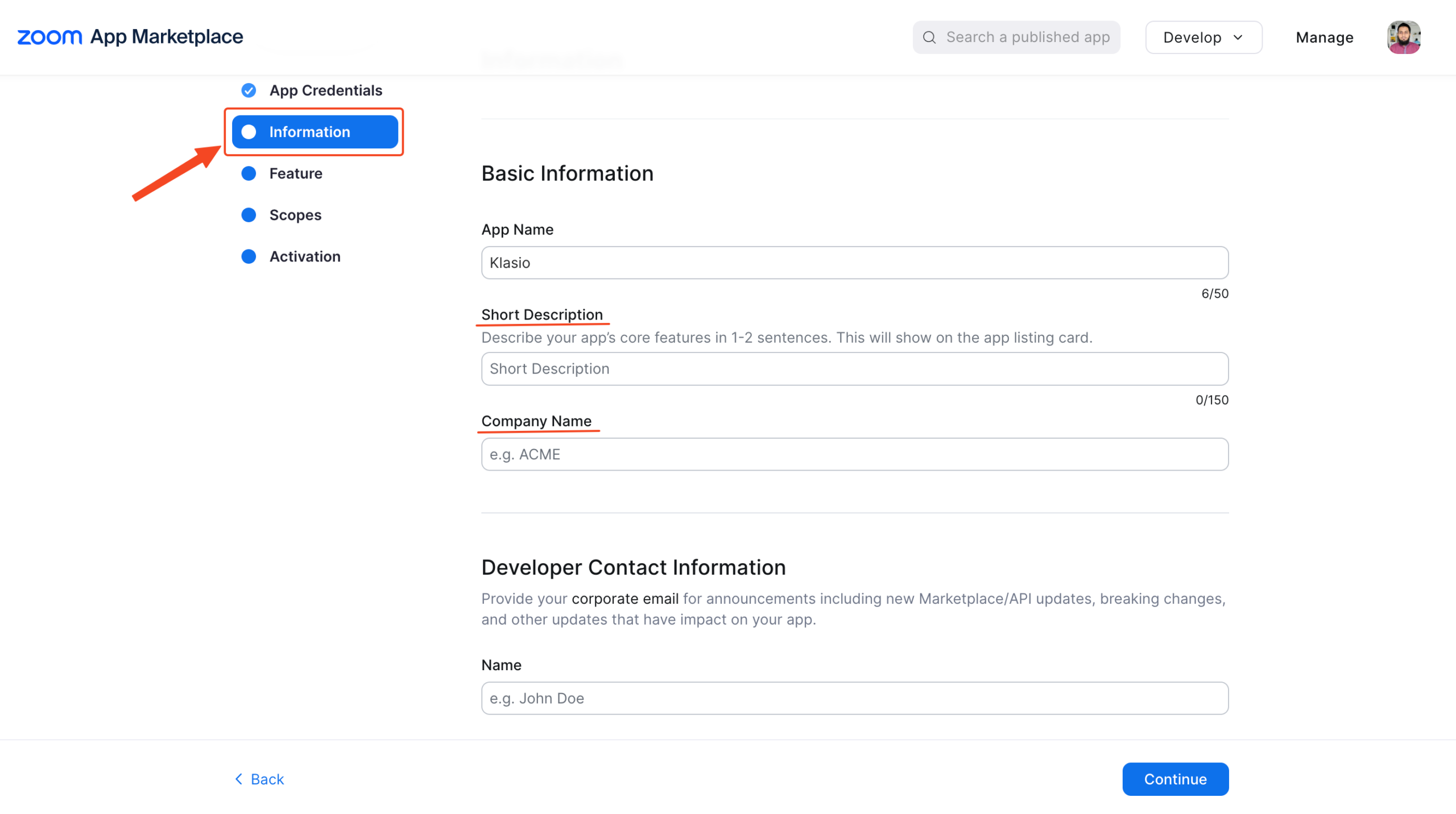 Screenshot of Zoom app configuration window with Short Description and Company Name input boxes in highlight.