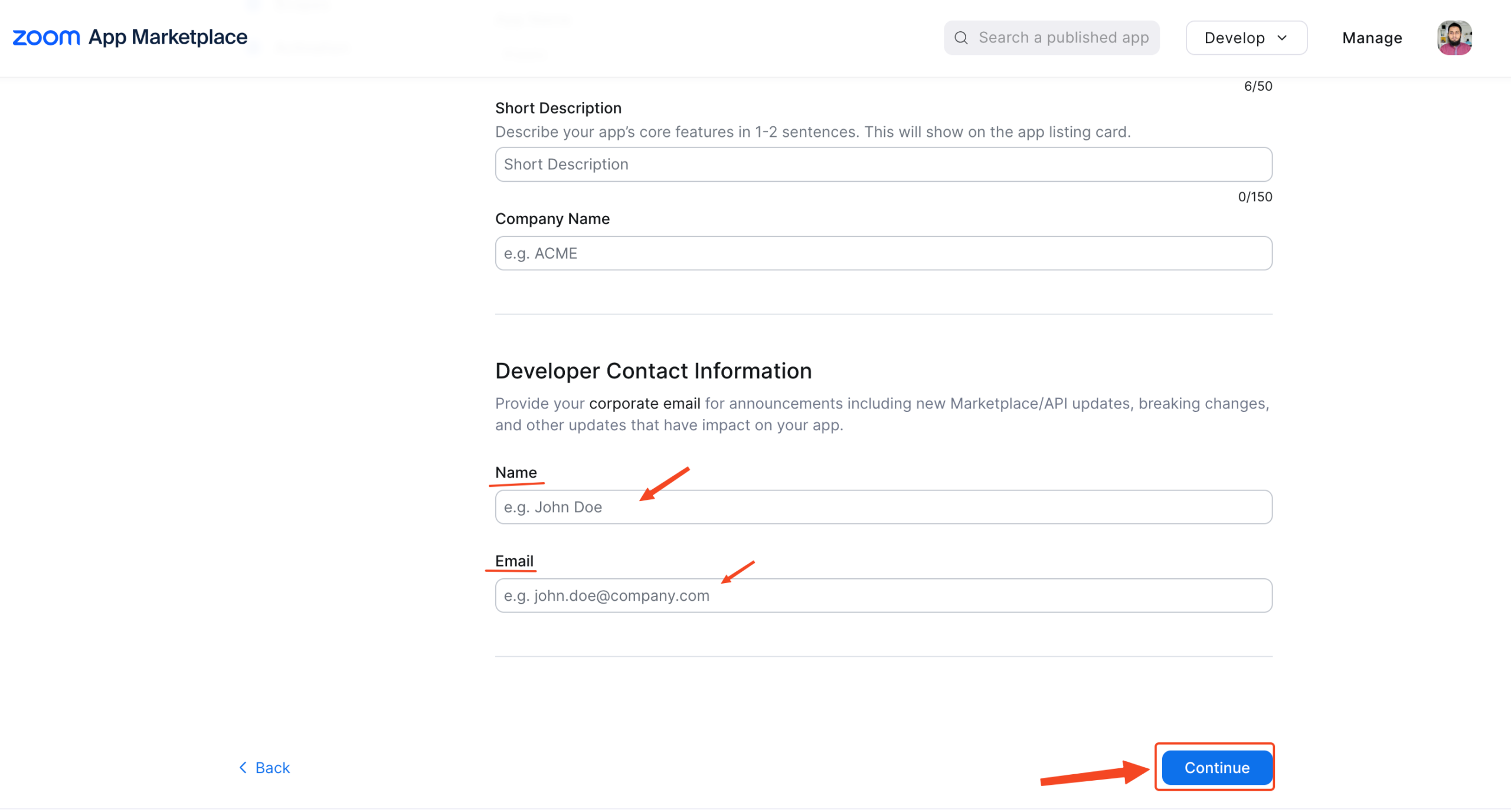 Screenshot of Zoom app configuration window with Developer info input boxes in highlight.