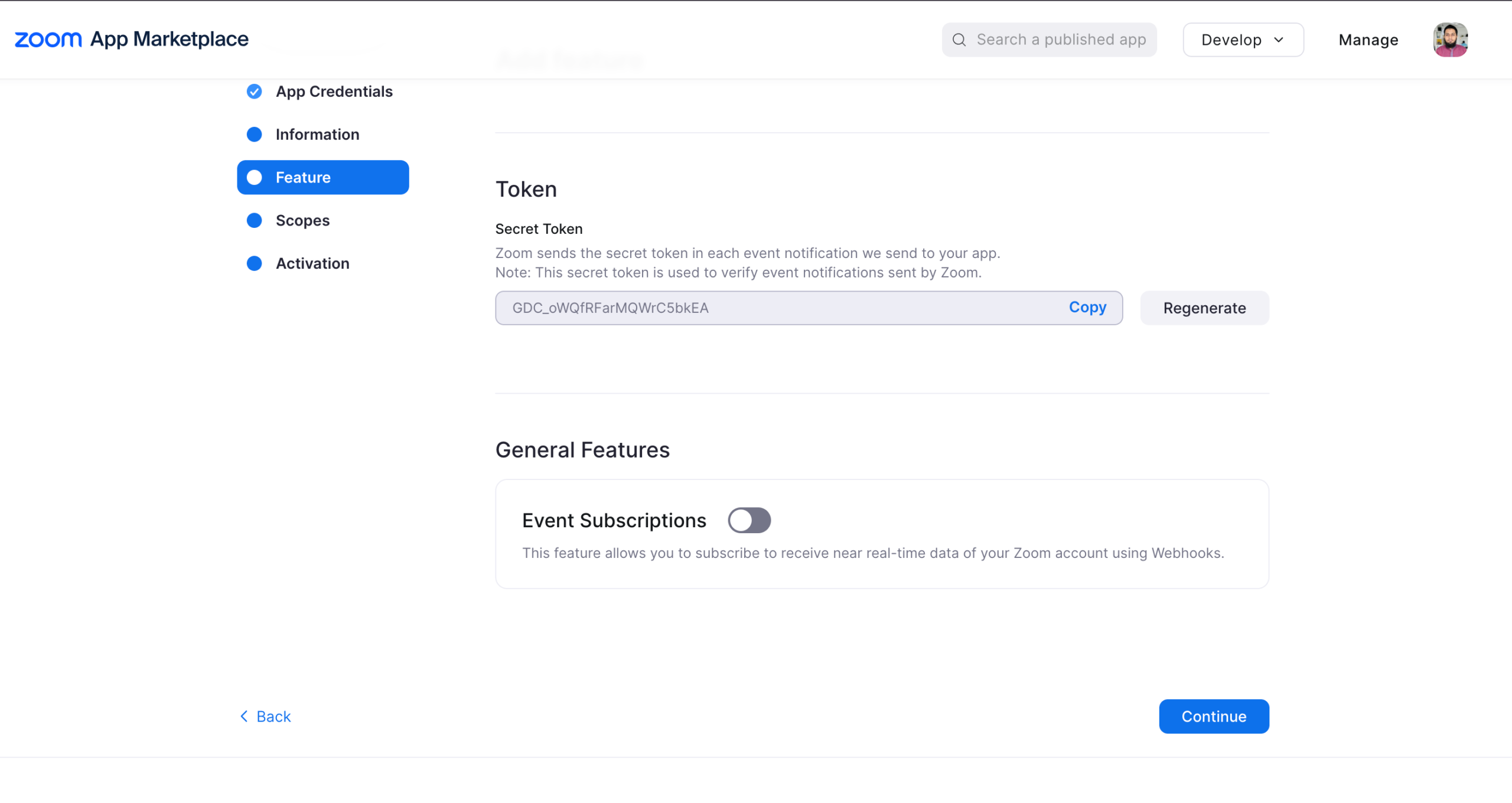 Screenshot of Zoom app configuration window with Feature tab in highlight.