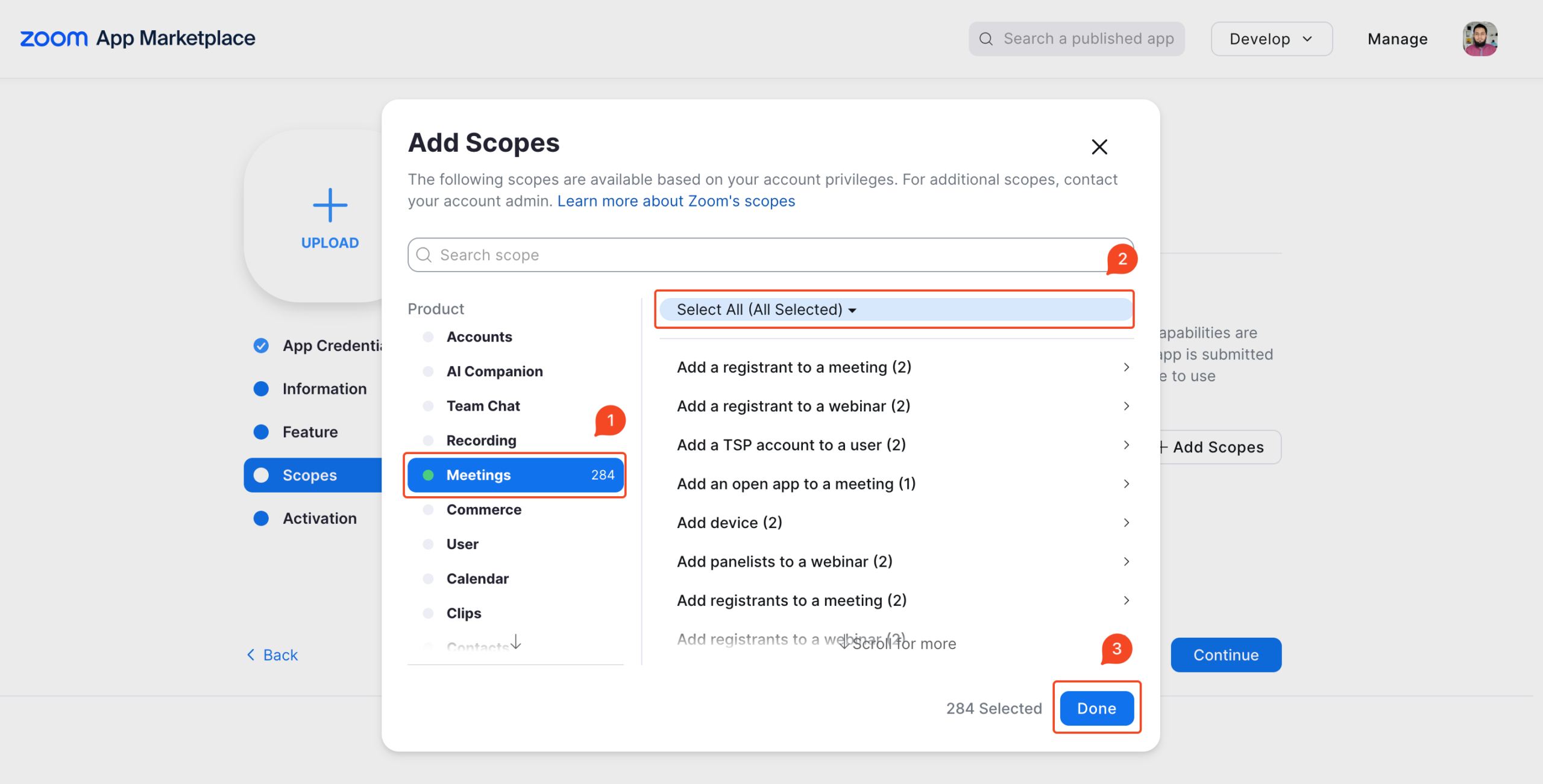 Screenshot of Zoom app configuration window with Meeting option selected inside  Scopes tab in highlight.