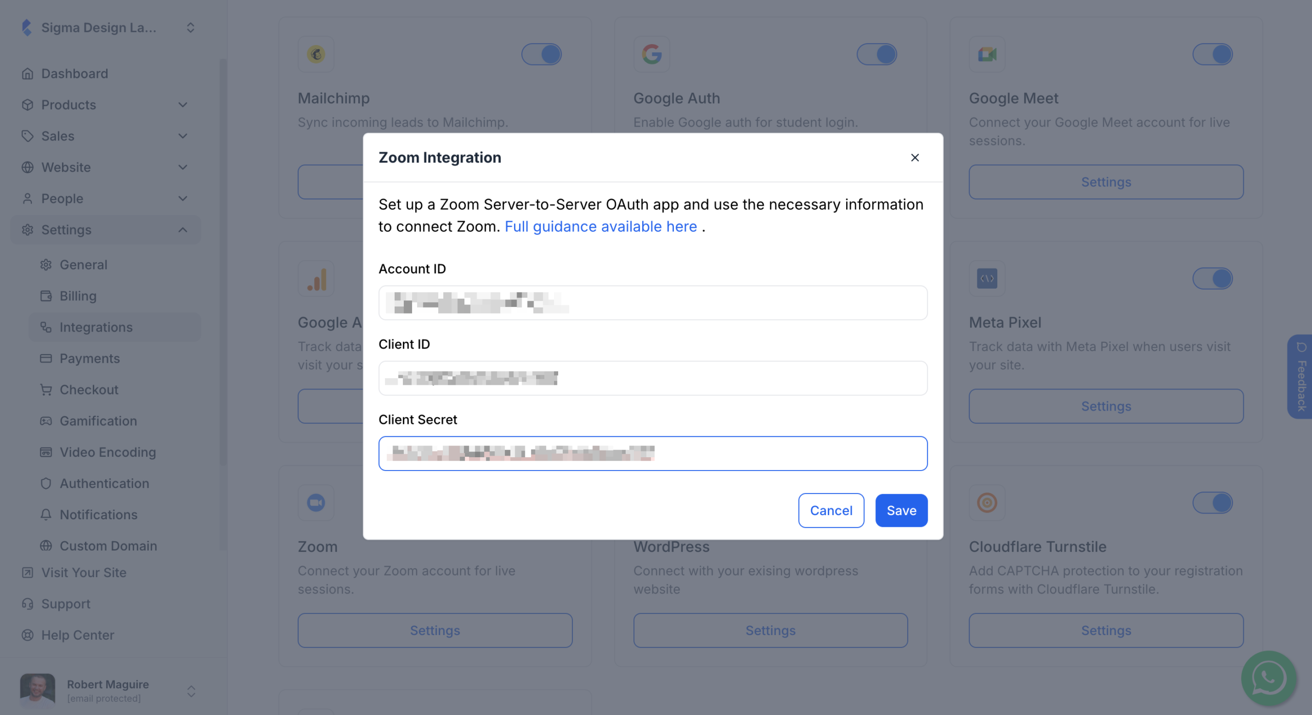 This image is a screenshot of Klasio Zoom integration modal pop up.