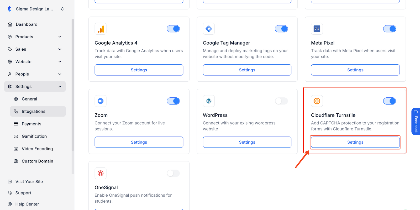 Locate the One Signal widget and click on Settings.