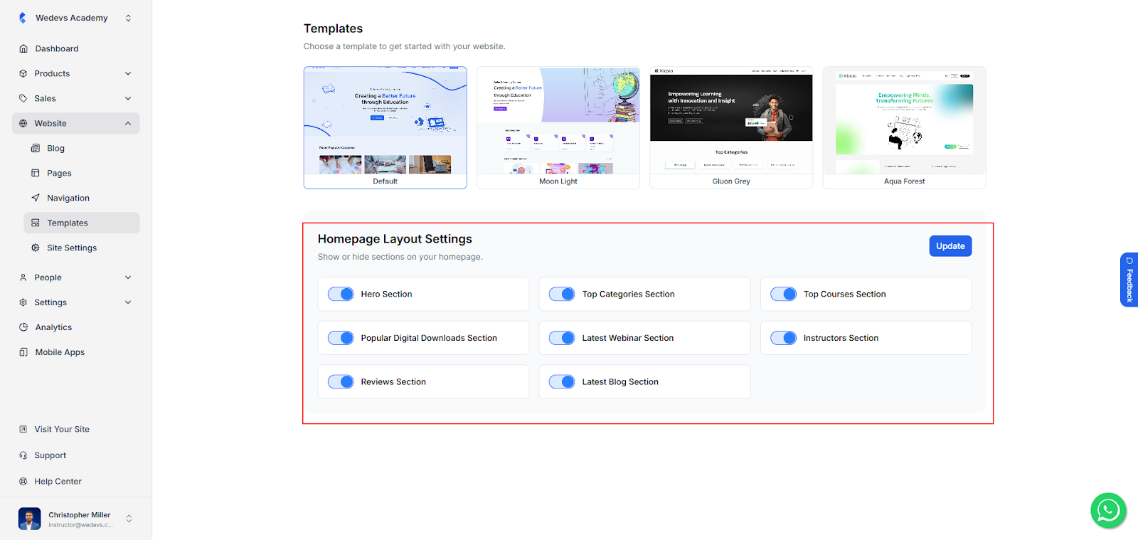 Customizable Homepage Section Settings