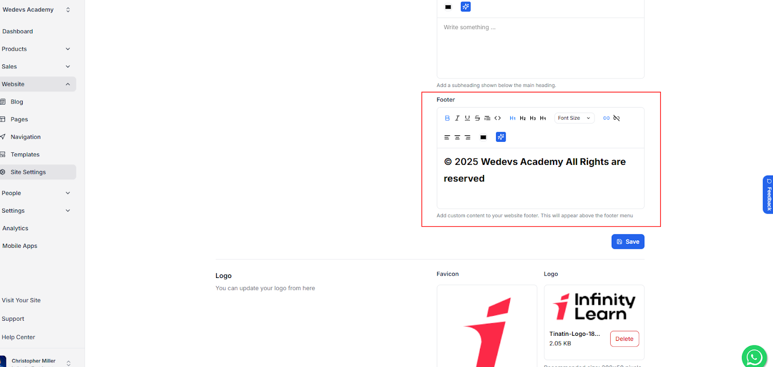 Custom text on course website footer