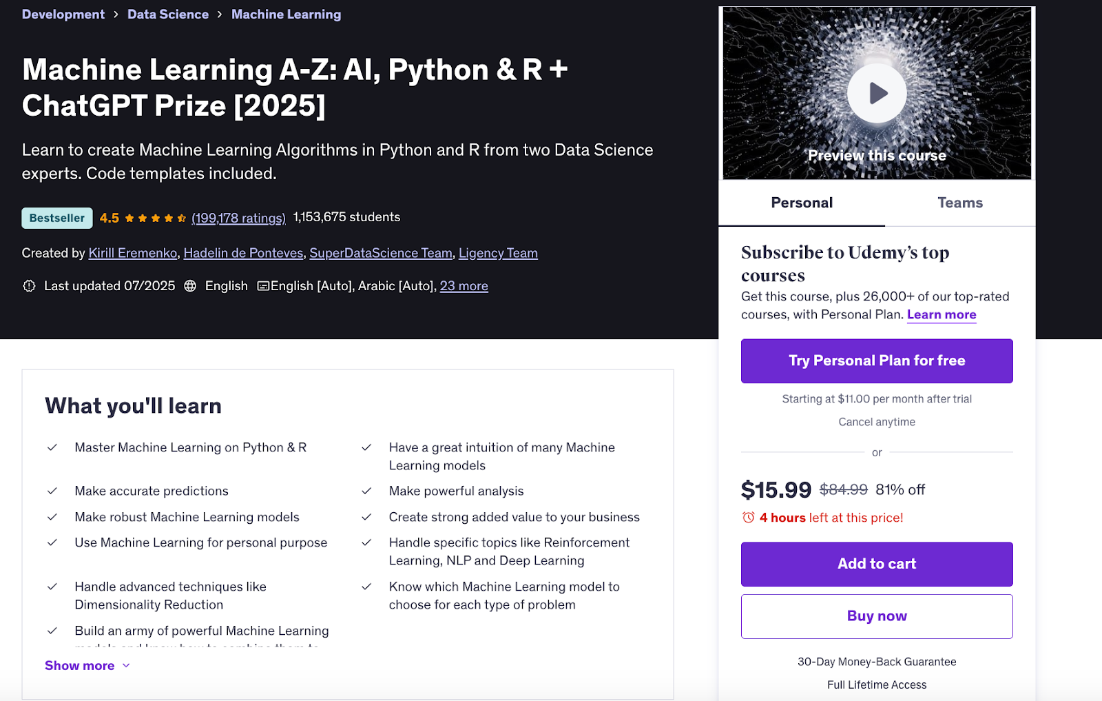 Udemy’s Machine Learning A-Z (Python & R) course