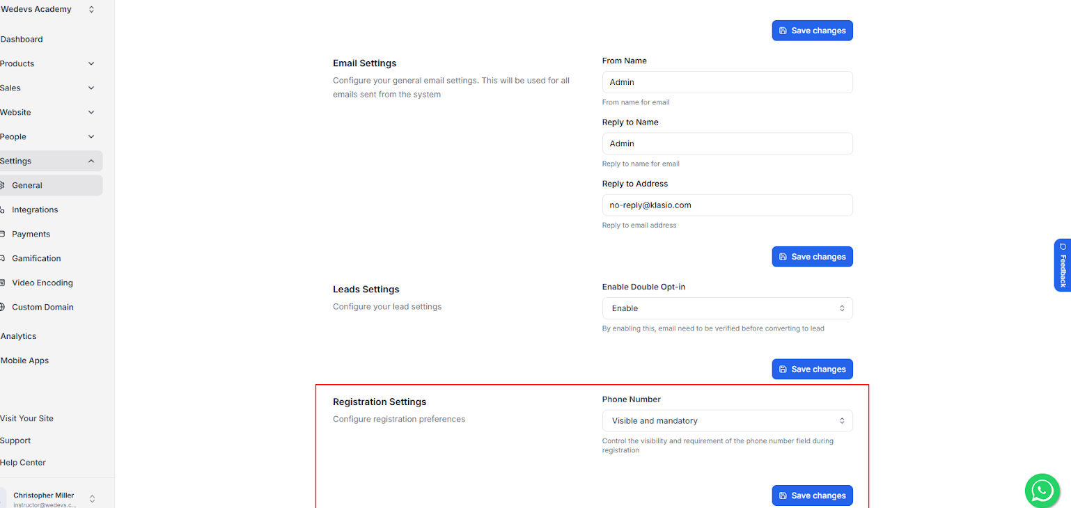 Phone number collection option under registration settings