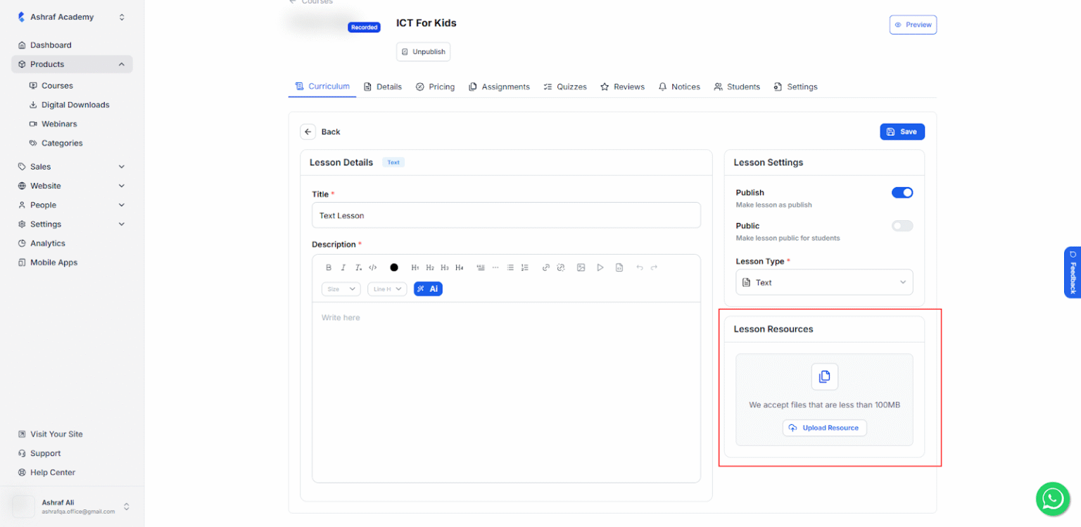 No file type restrictions in lesson resources
