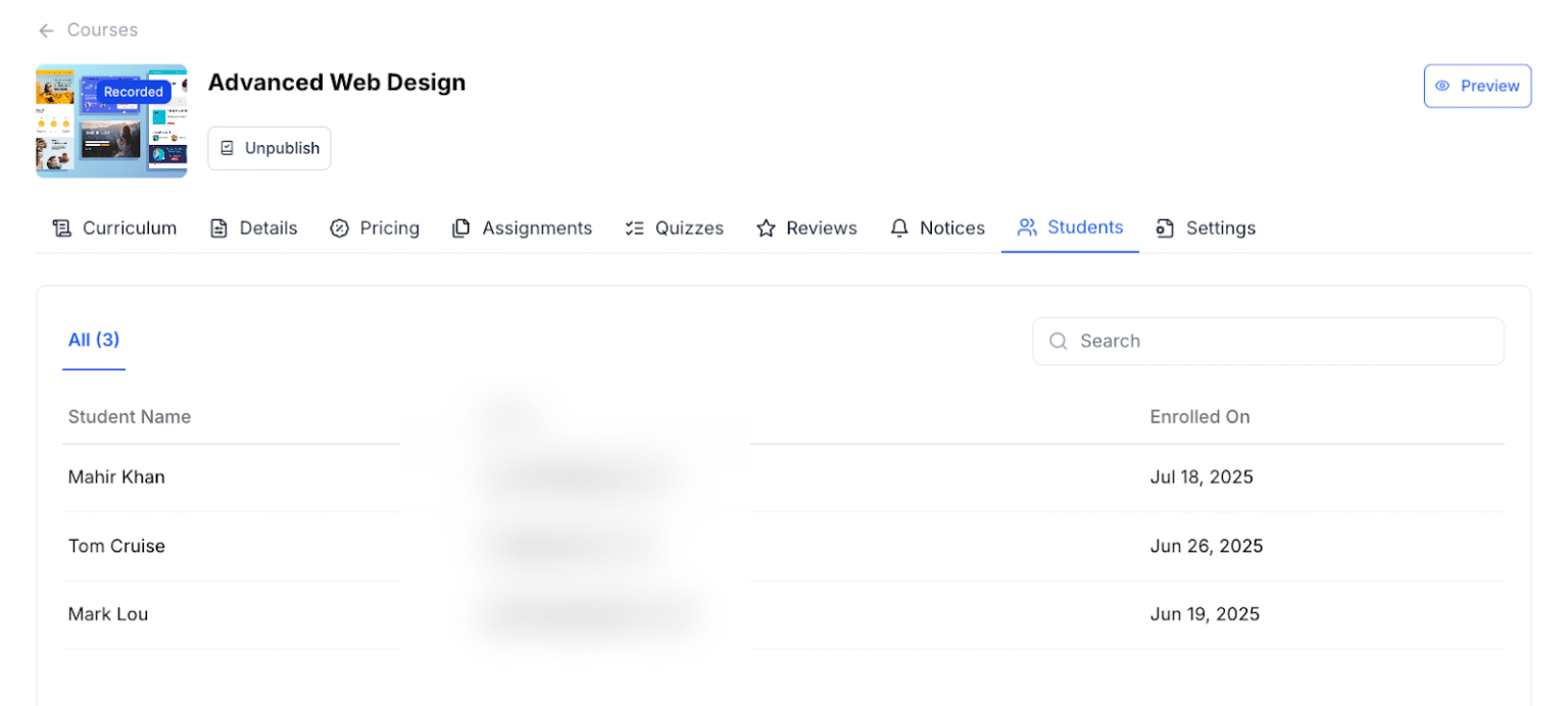 Ability to check enrolled students at a glance