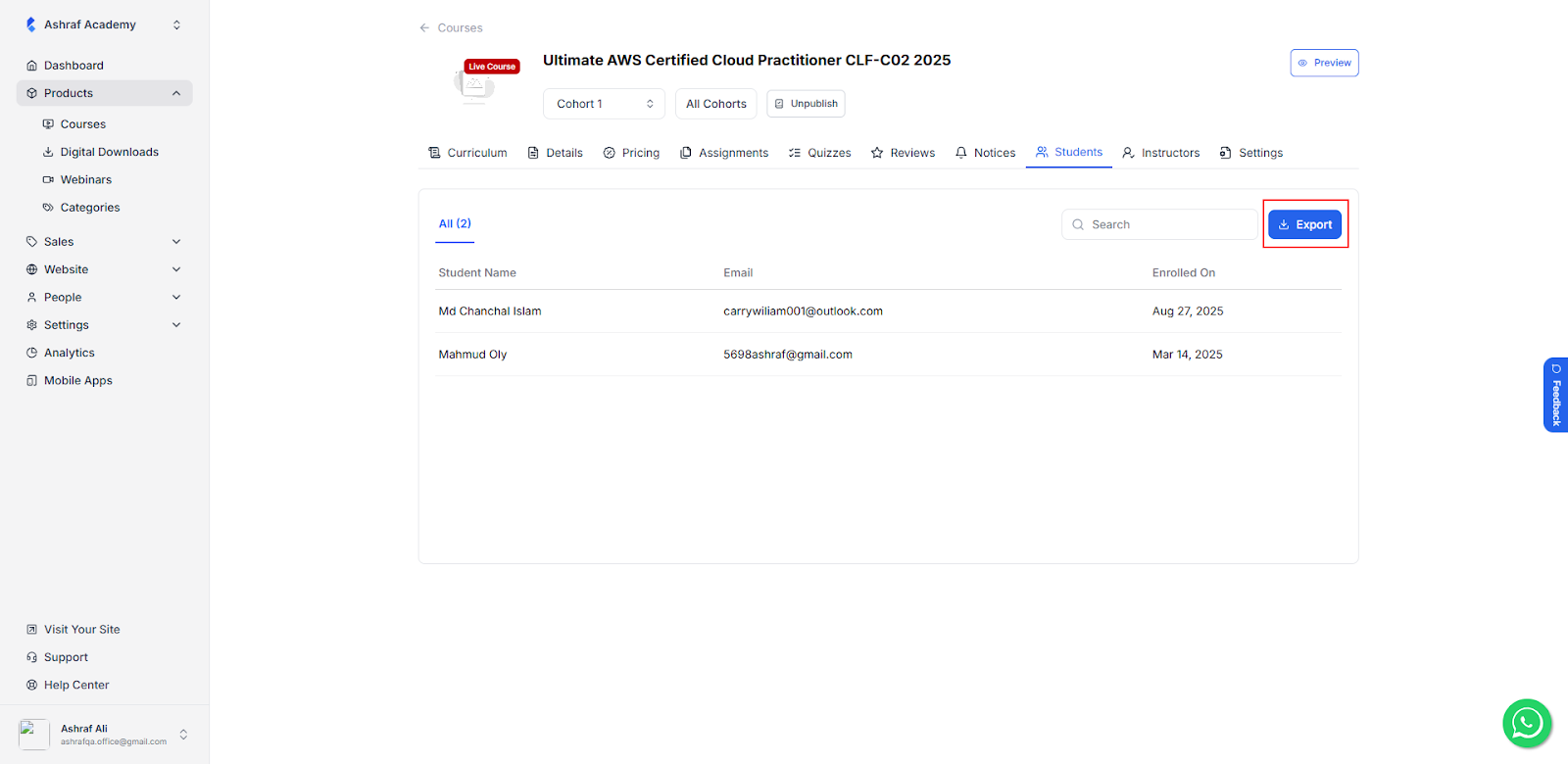 Course Student Export Feature
