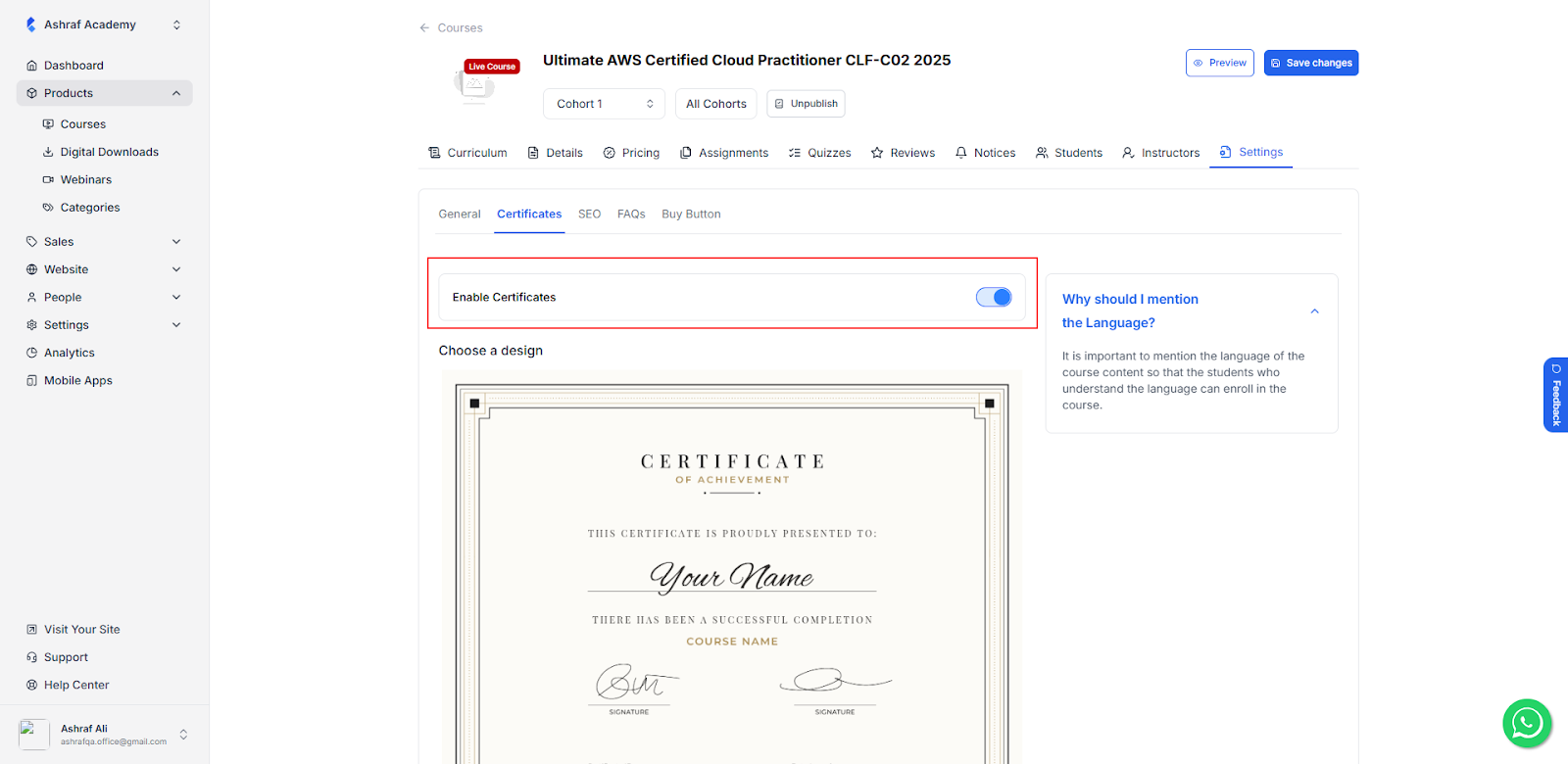Certificate Enable/Disable Toggle for Courses