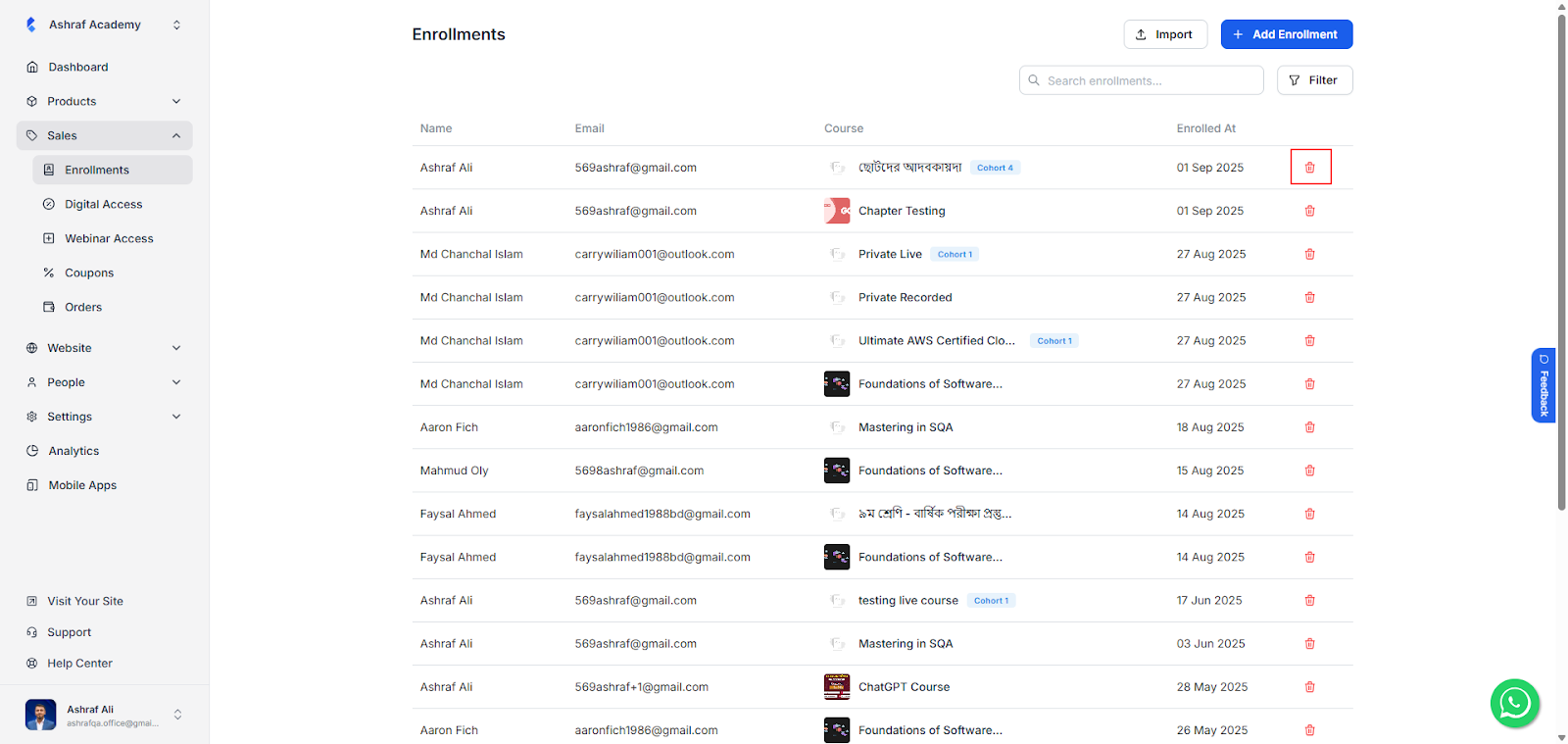 Delete Student Enrollments in Klasio