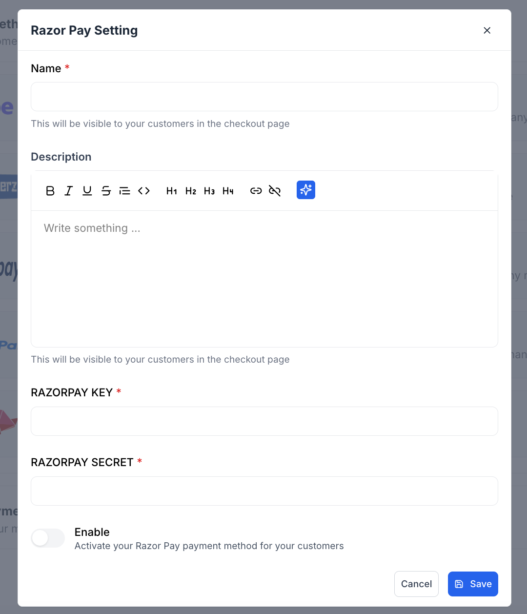 Razorpay integration popup