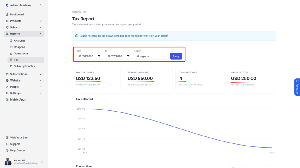 Tax report dashboard