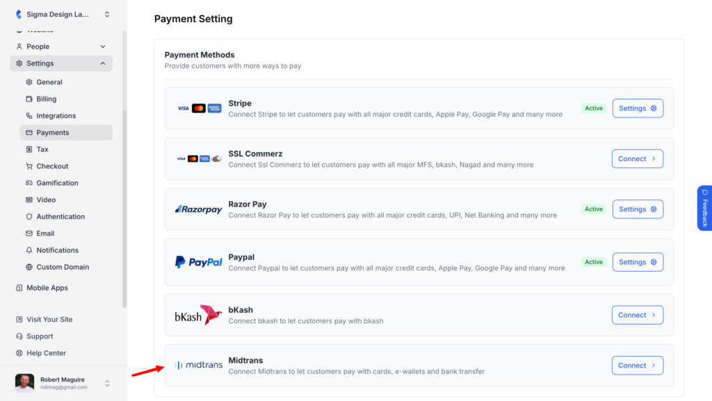 Payment setting in klasio
