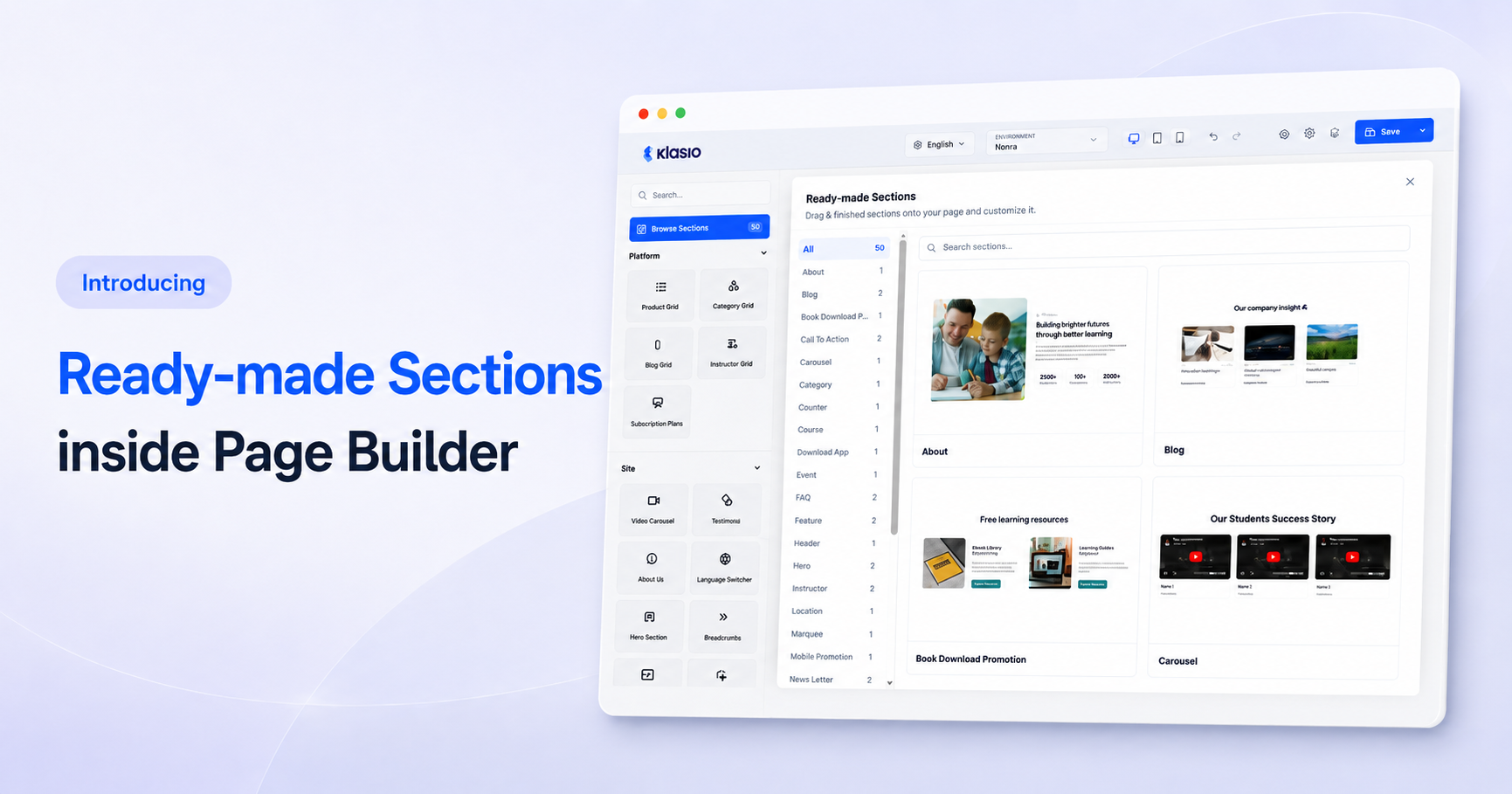 Introducing Ready-made Sections inside Klasio Page Builder