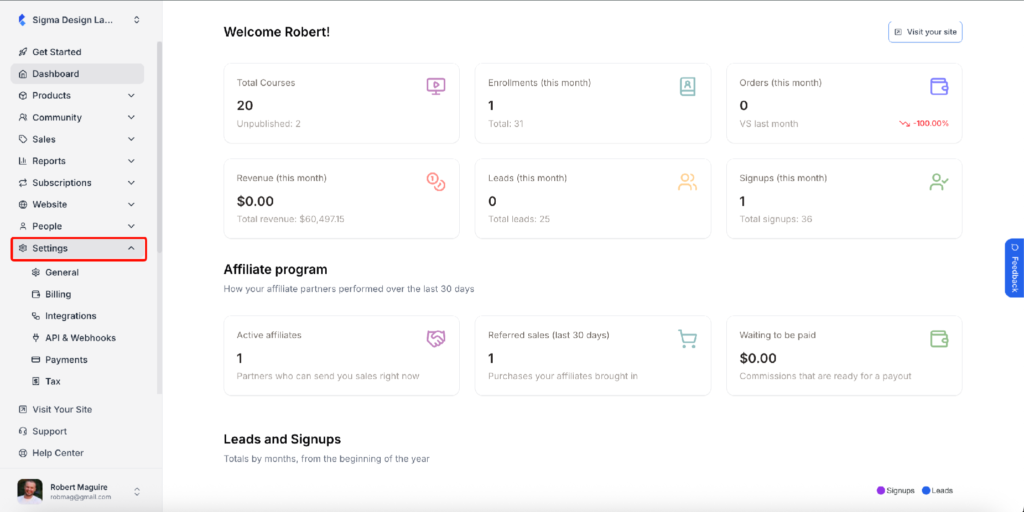 Open Settings from the admin dashboard
