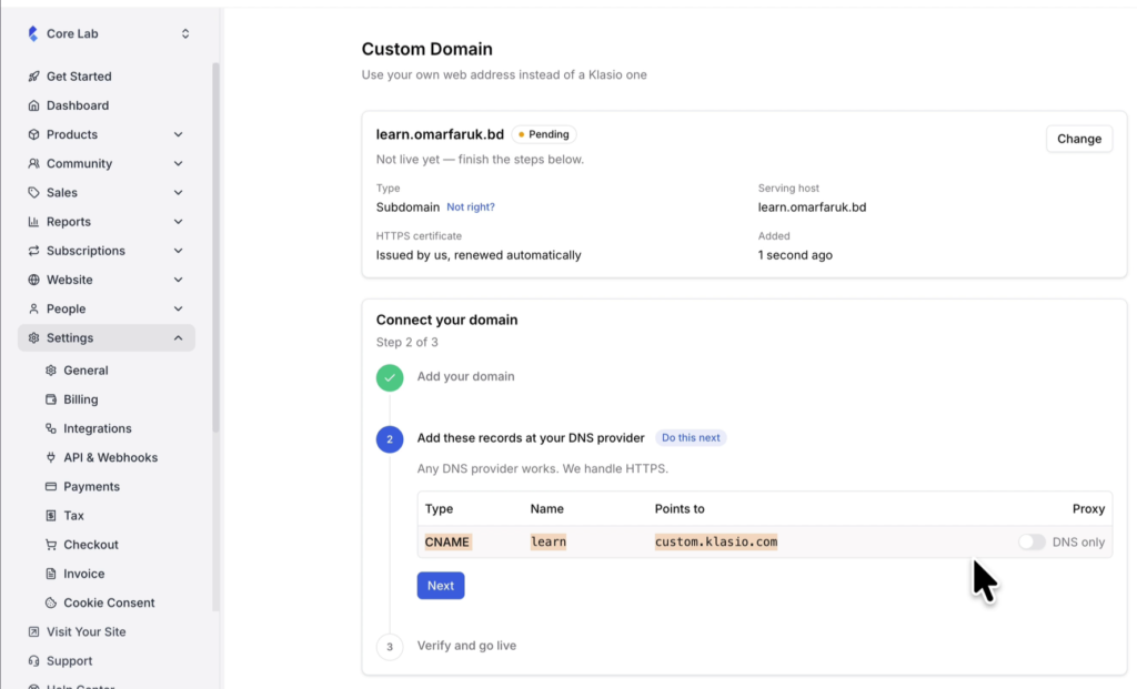 The CNAME record for a subdomain, with the proxy turned off