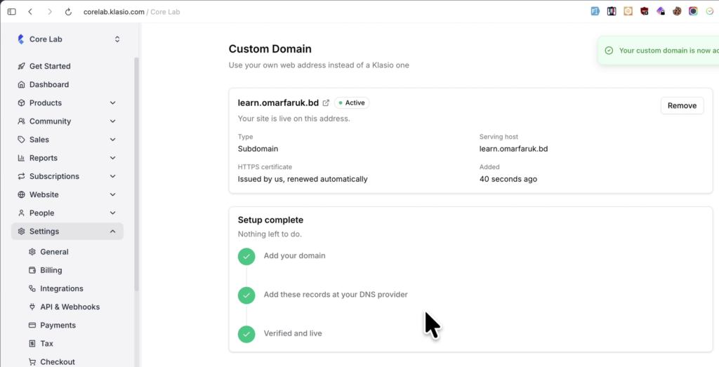 Your subdomain is now Active