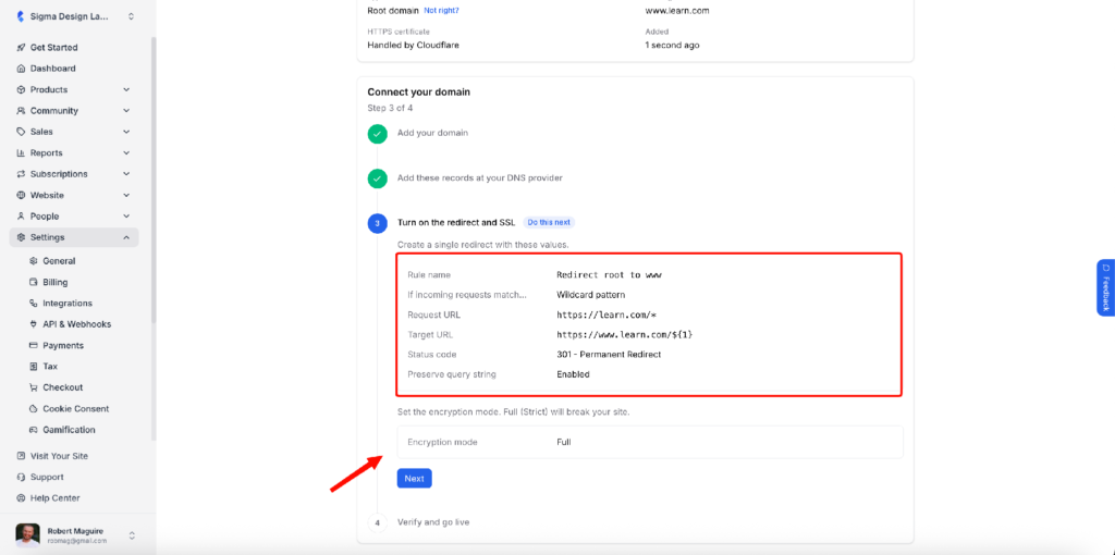 Redirect rule values and encryption mode shown in Klasio