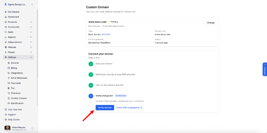 Click Verify domain once your records are in place